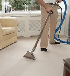 Professional carpet cleaner using a hot-water extraction wand and hose machine in a living room in Evansville, IN.
