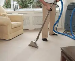 Carpet cleaning professional removing dirt and stains with a hot-water extraction tool in a home, Evansville, IN.